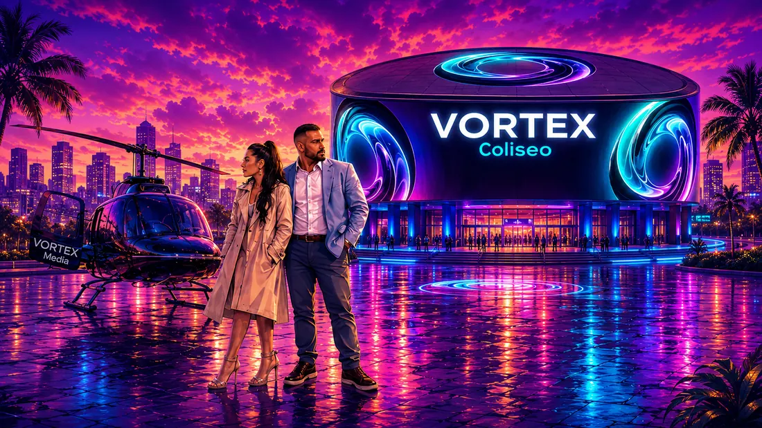 Arte de campaña de VORTEX: el Coliseo VORTEX iluminado de noche