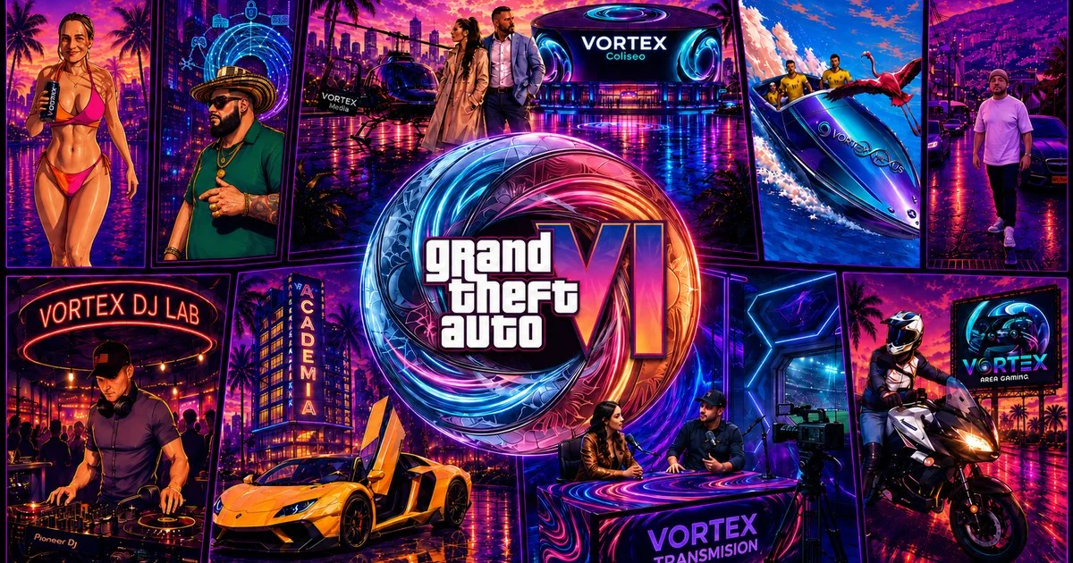Universo VORTEX GTA VI: gaming, comunidad, transmisión, DJ Lab, Academia, Área Gaming y Coliseo.