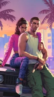 Arte oficial de GTA VI: Lucía y Jason sentados sobre el capó de un coche al atardecer en Vice City