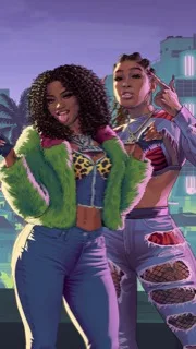 Arte oficial de GTA VI: el dúo Real Dimez posando ante los neones de la ciudad