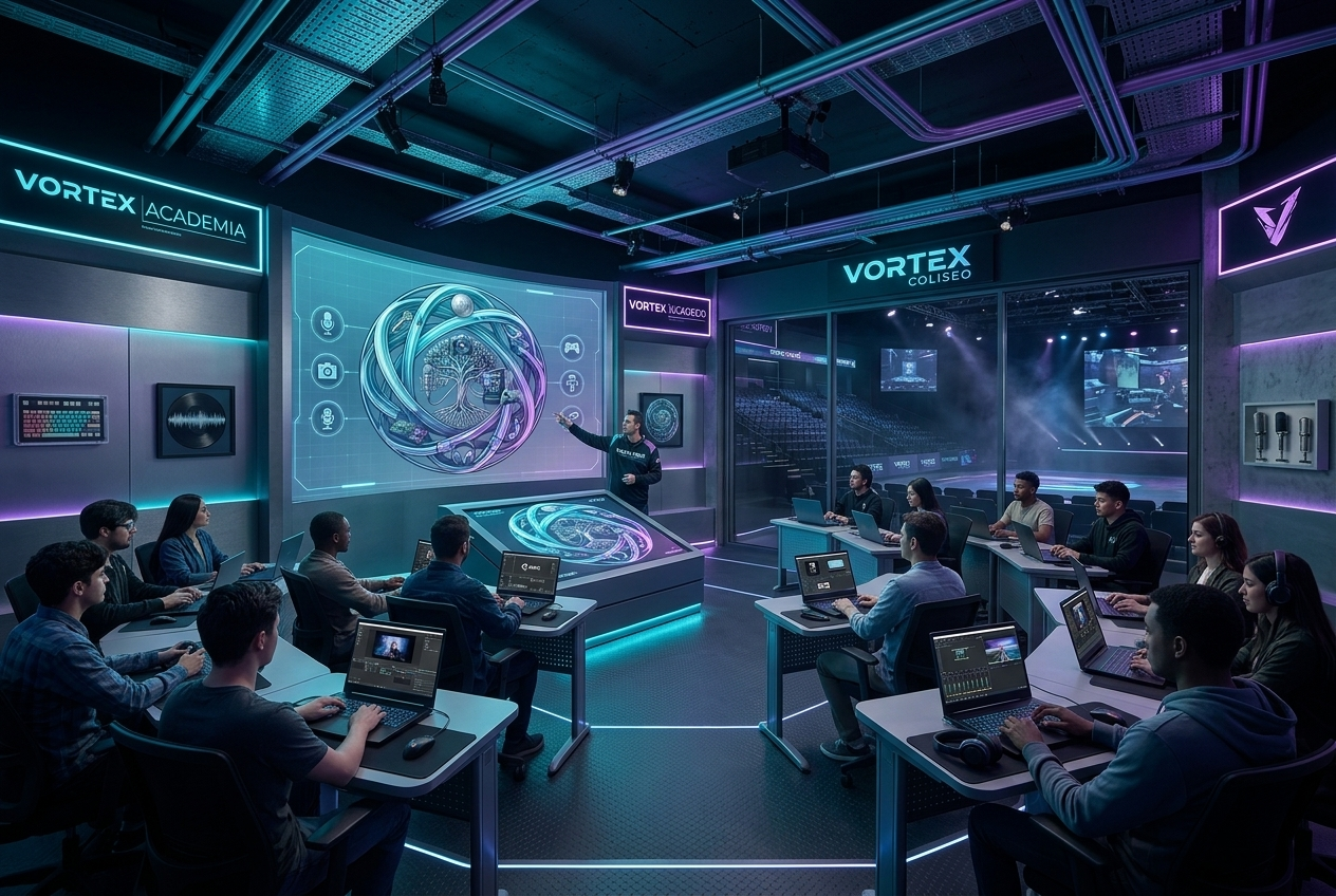 Render conceptual del aula de formación de VORTEX Academia dentro del Coliseo