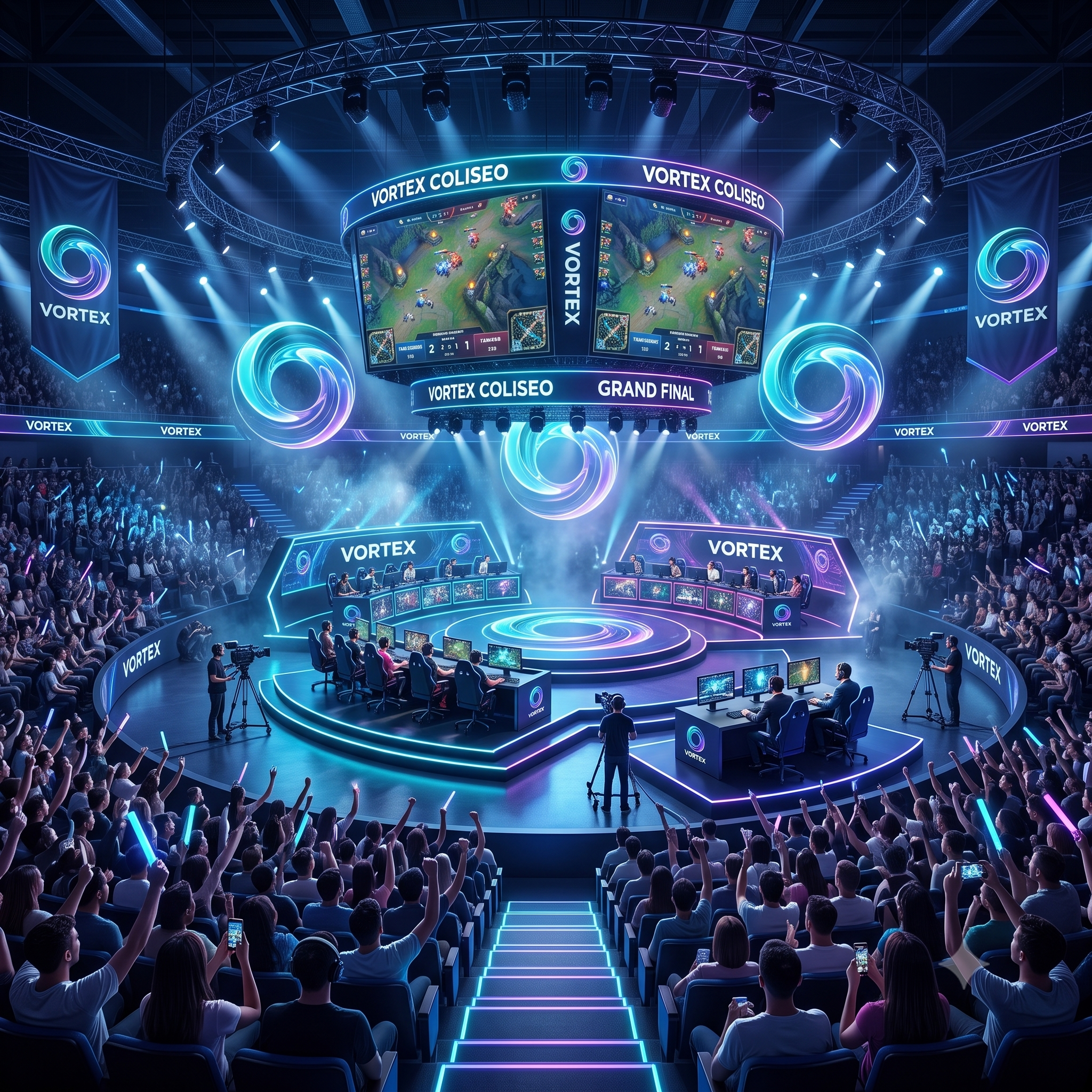 Render conceptual de la arena principal de eSports de VORTEX Coliseo, con escenario y gradería