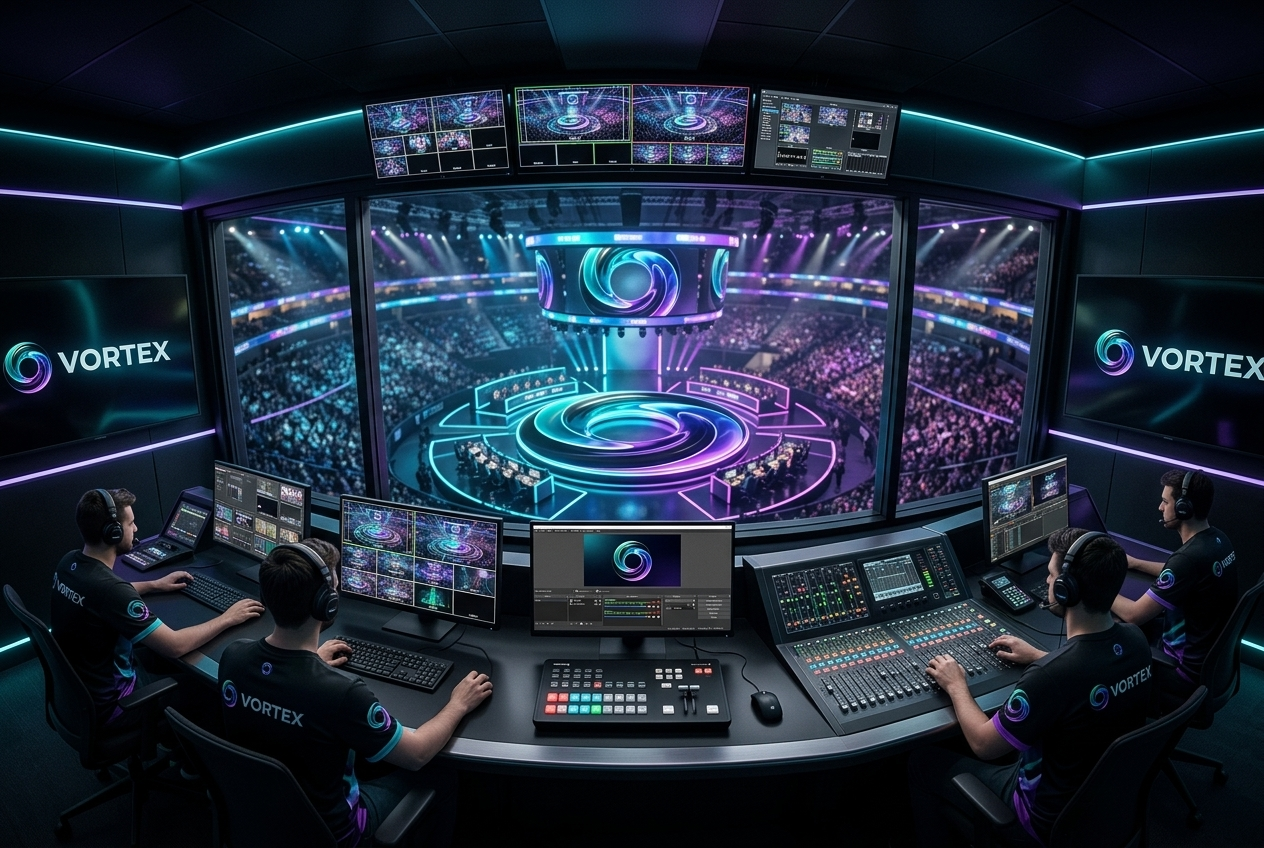 Render conceptual de la sala de transmisión y broadcast de VORTEX Coliseo