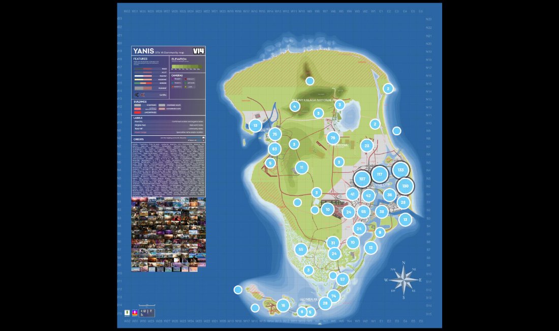 Captura del mapa comunitario de Leonida (YANIS v14) con sus zonas y puntos de interés